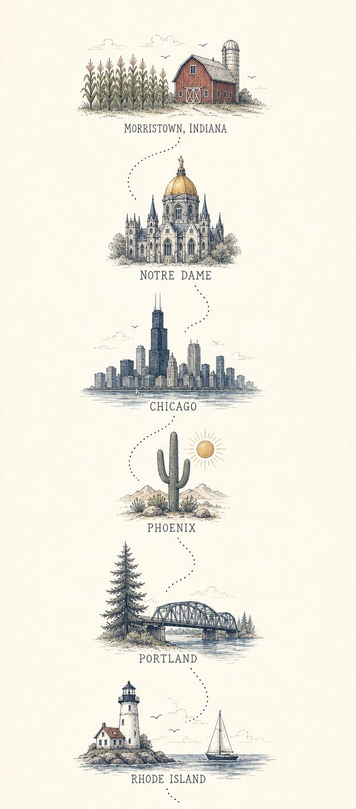 Whimsical illustrated map tracing a path from central Indiana to Notre Dame, Chicago, Phoenix, Portland, and Rhode Island