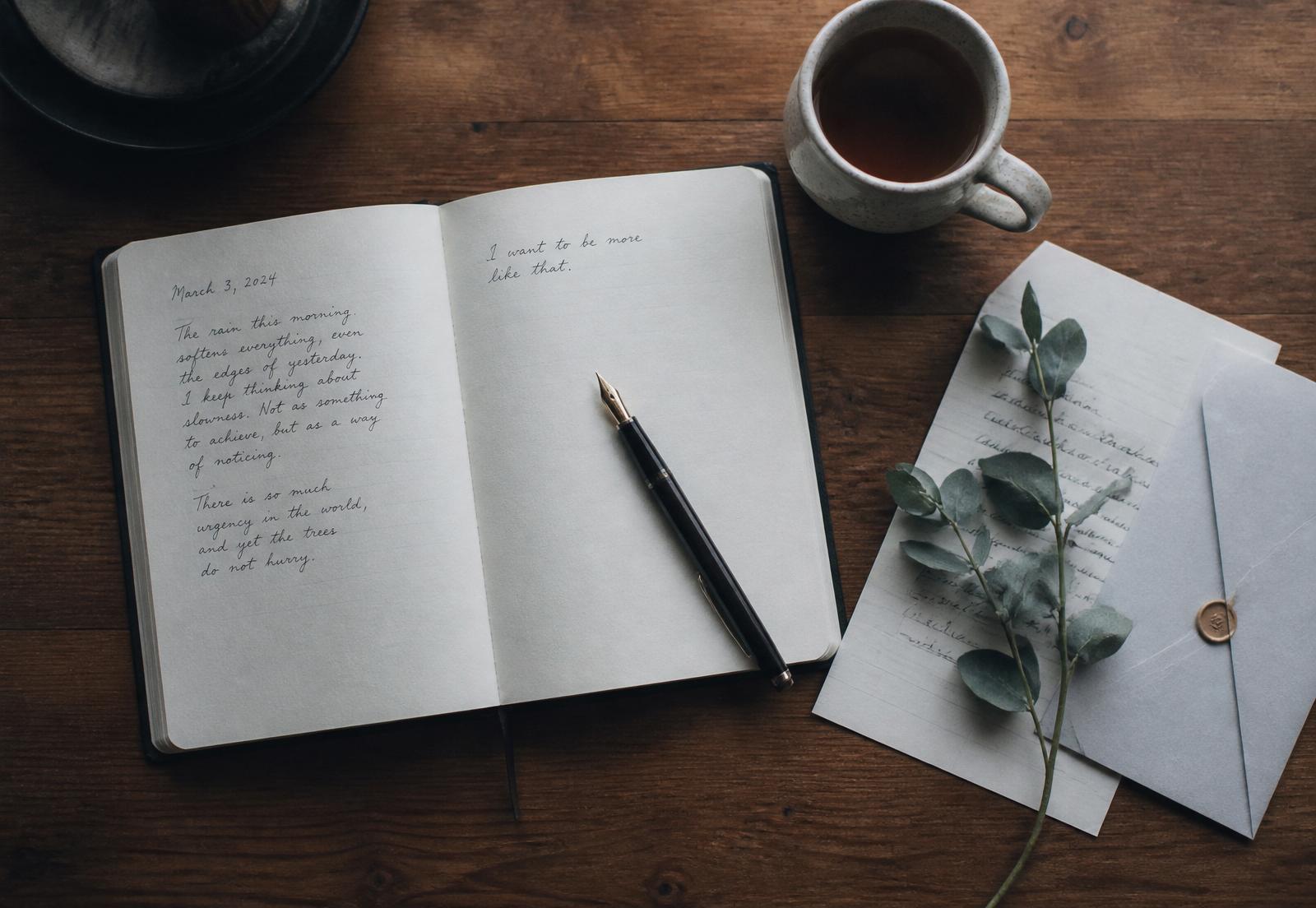 Open journal with fountain pen, tea, and a handwritten letter on a wooden desk