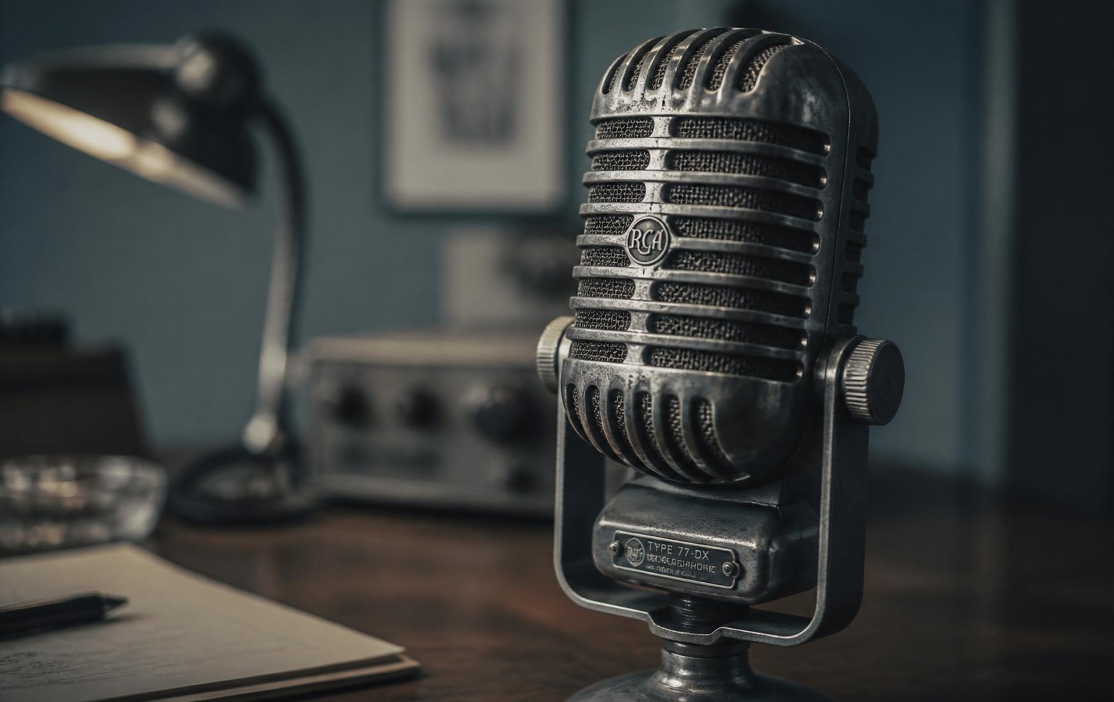 Vintage broadcast microphone on a wooden desk in warm studio light