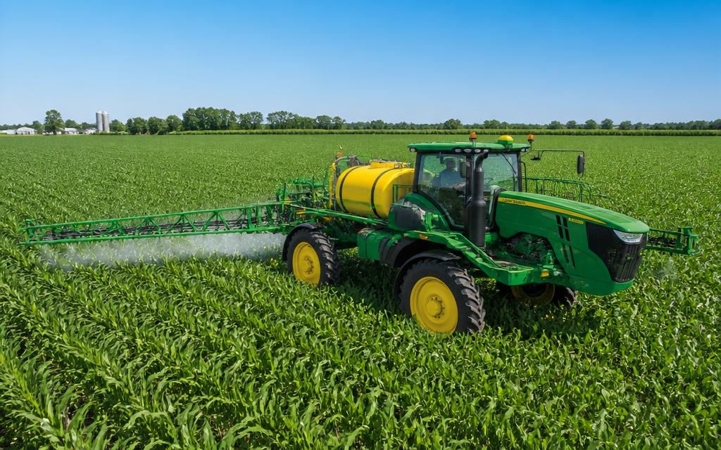 Tractor spraying agricultural chemicals across a field