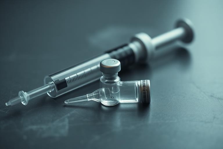 Syringe and vaccine vial on a clinical surface