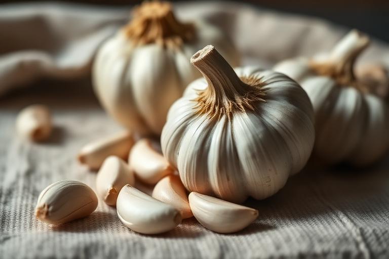 Garlic bulbs and cloves on a linen cloth